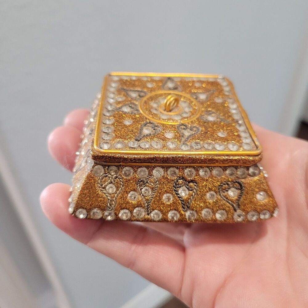 Vintage Pier 1 Jeweled Trinket Box Square Hexagon Jewelry Small 3x3x1 Gold Boho